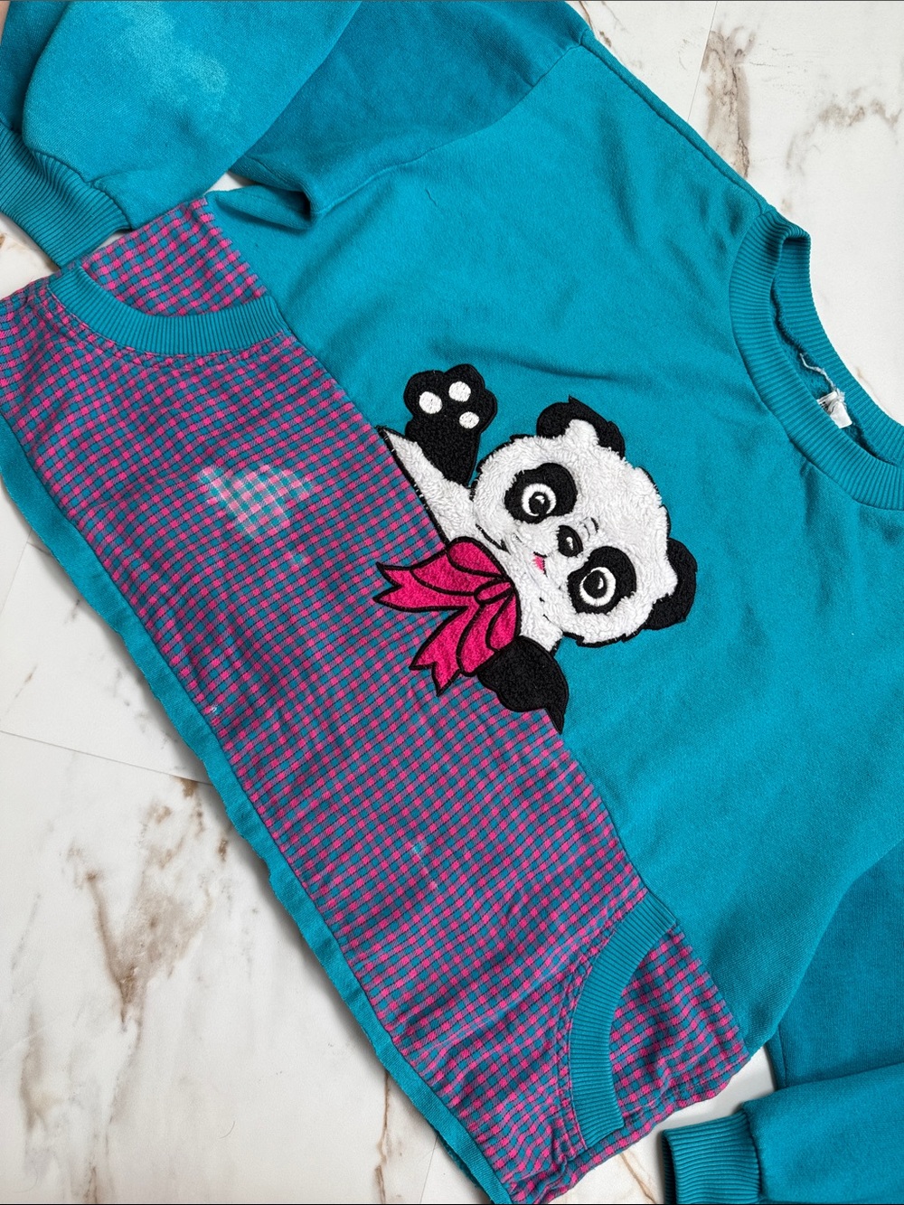 Vintage All Over Print Fuzzy Panda Pull Over Cropped Sweatshirt Sz L Distressed